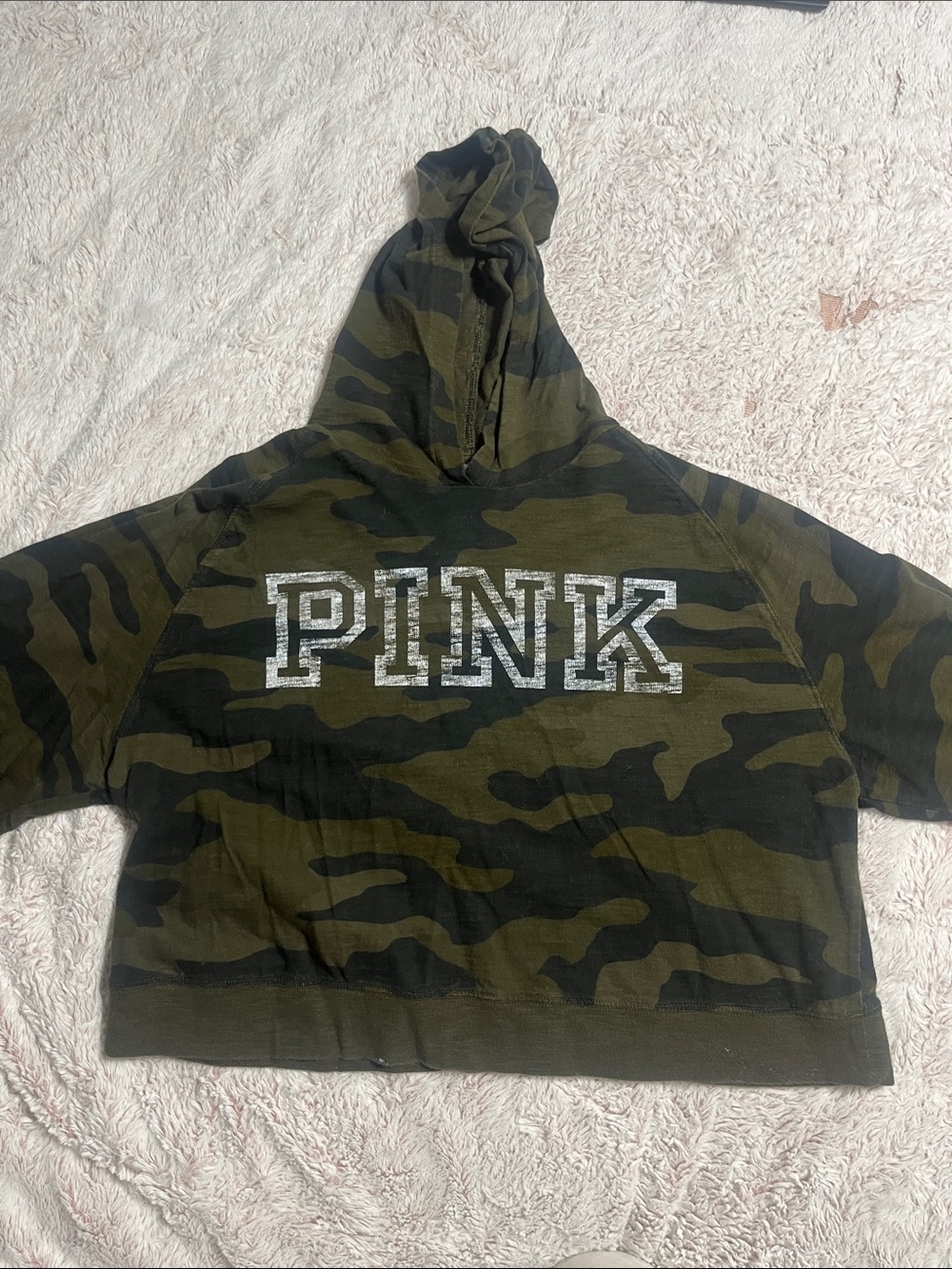PINK Victoria's Secret Green & Black Camo cropped Hoodie